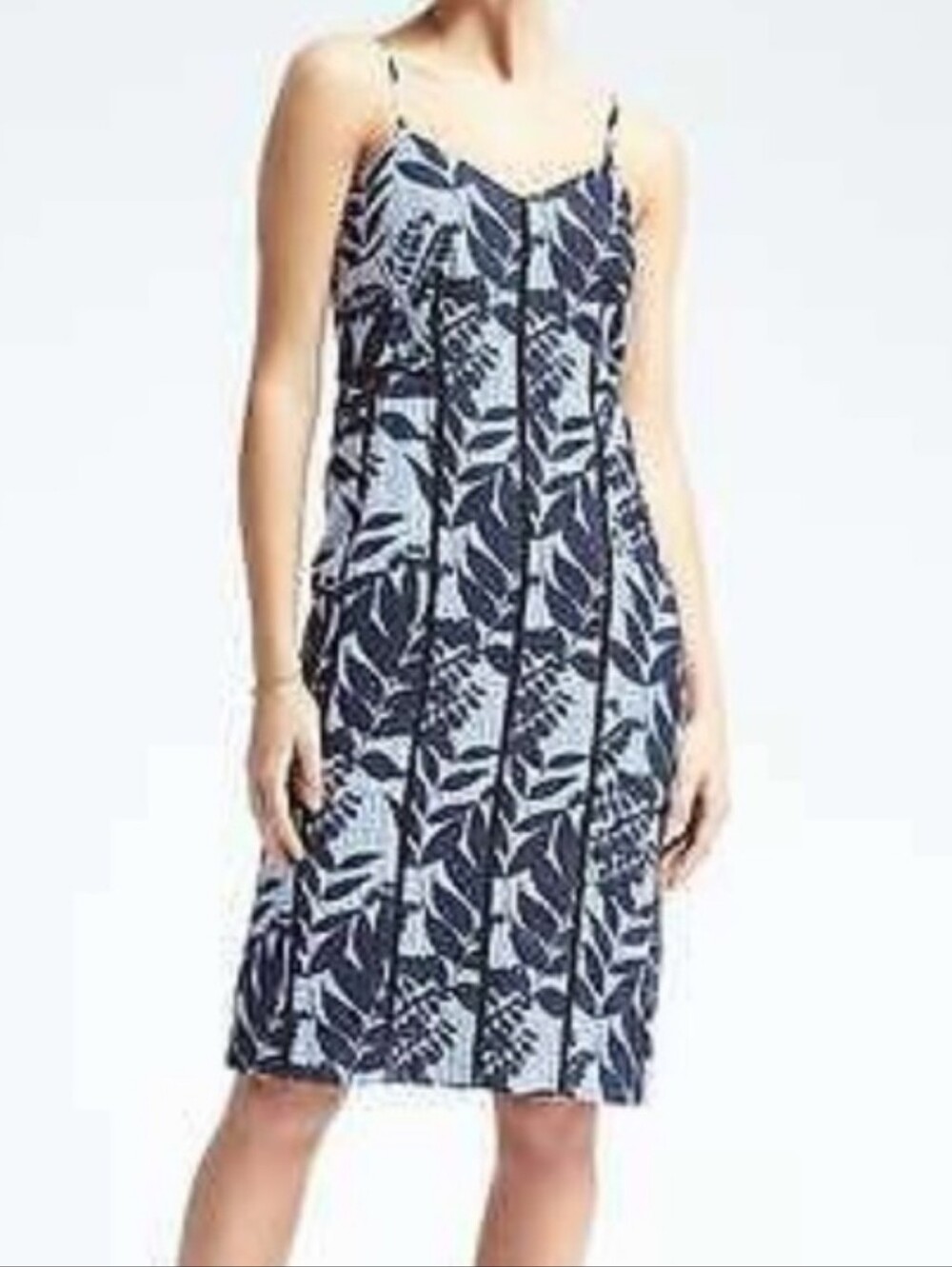 Navy and White Leaf Print Spaghetti Strap Dress